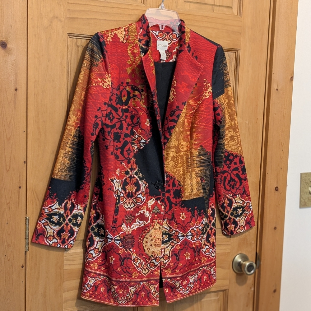Chico's Printed Statement Jacket Sz 0 Small Blazer Black Red Art to Wear Asian - Picture 6 of 13